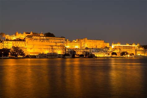 City Palace And Pichola Lake At Night Udaipur Stock Image Image Of