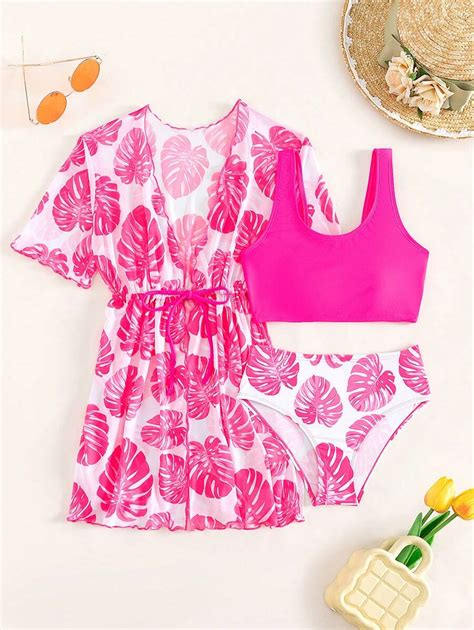 SHEIN Conjunto De Bikini Con Estampado Tropical Y Kimono De Verano Para