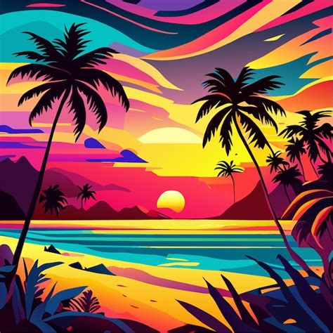 Premium Vector Tropical Beach Sunset Landscape With Colorful Glowing