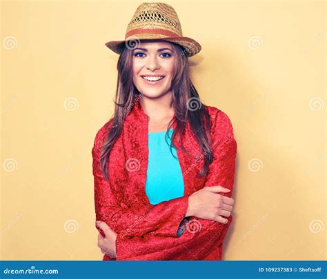 Happy Young Female Model Smiling Woman Fashion Style Portrait Stock