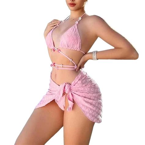 Skymirror 3Pcs Set Sexy Women Bikini Set Jacquard Solid Color Halter