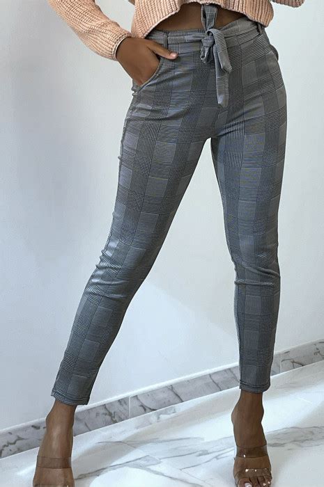 Pantalon Slim Gris Avec Motif Pied De Poule Poches Et Ceinture