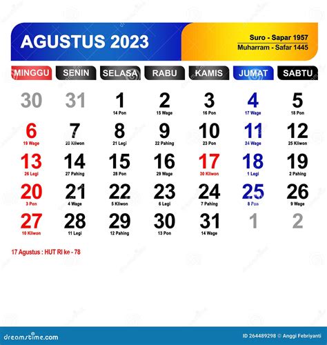 Kalender Bulan Agustus Longkap Dengan Hari Libur Foto De Archivo