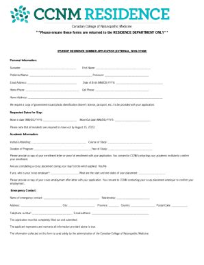 Fillable Online Fillable Online Ccnm Student Residence Application Form