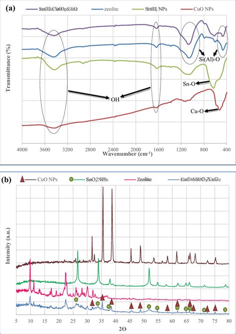 A Ft Ir Spectra B Xrd Patterns Of Cuo Nps Sno2 Nps Zeolite And