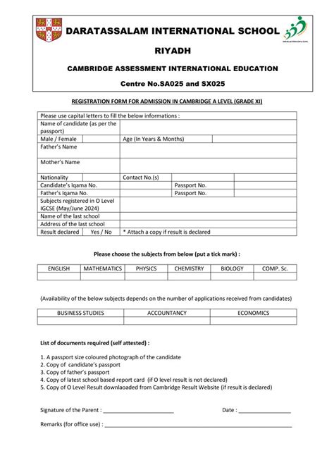 Cambridge A Level Registration Form Daratassalam International School