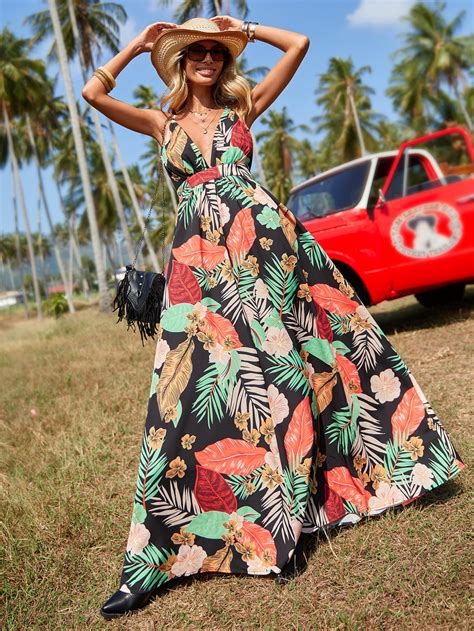 Shein Vcay Tropical Print Plunge Neck Maxi Dress Shein Uk