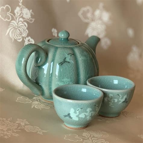 Korean Traditional Celadon Tea Pot And Cups Set Cranes Etsy