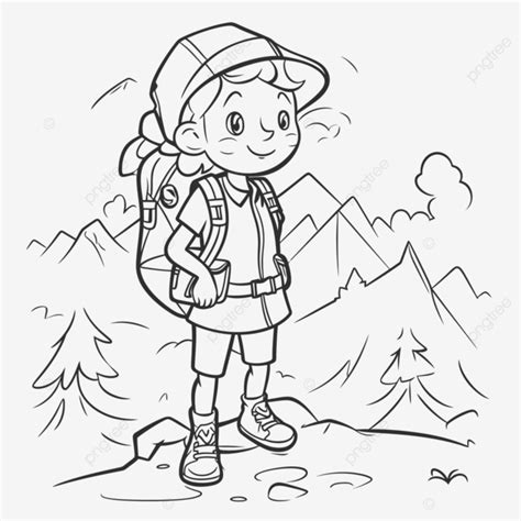 Niño Con Una Mochila En Las Montañas Para Colorear Dibujo De Esquema De