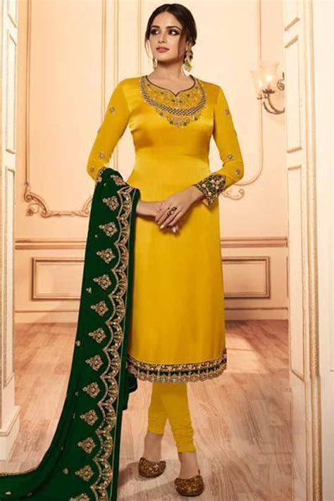 Buy Satin Silk Churidar Suit In Turmeric Yellow Color Online