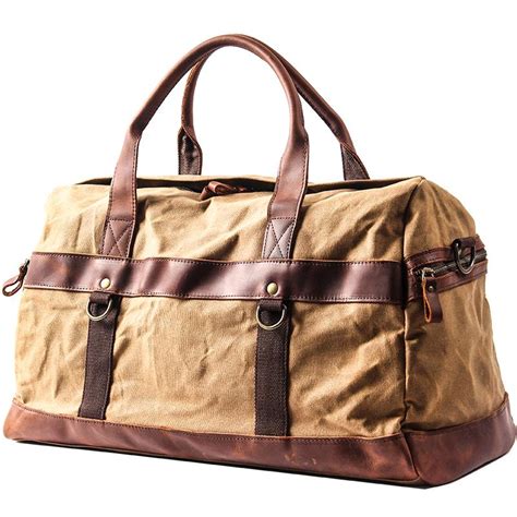 Khaki Waxed Canvas Leather Mens Waterproof Large Weekender Bag Travel