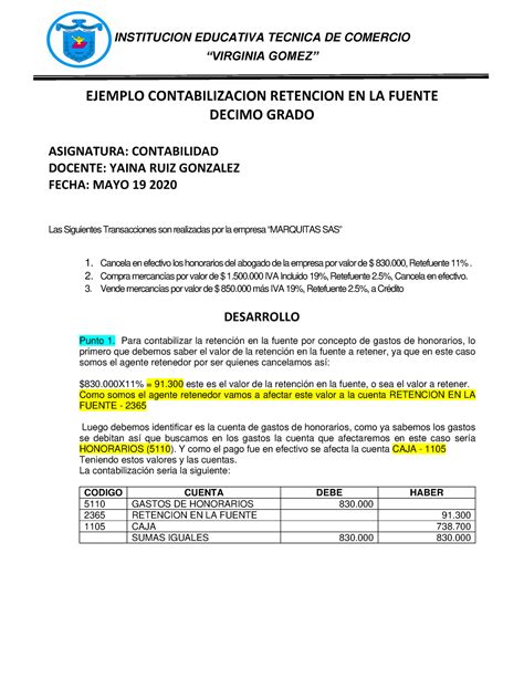 Ejemplo Contabilizacion Retencion En La Fuente Institucion Educativa