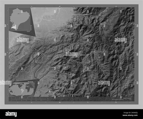 Loja Province Of Ecuador Grayscale Elevation Map With Lakes And