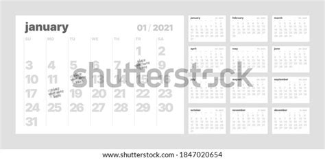 Monthly Calendar Template 2021 Year Week 库存矢量图（免版税）1847020654