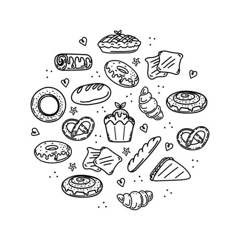 A Collection Of Baked Goods And Pastries Hand Drawn Sketch Style