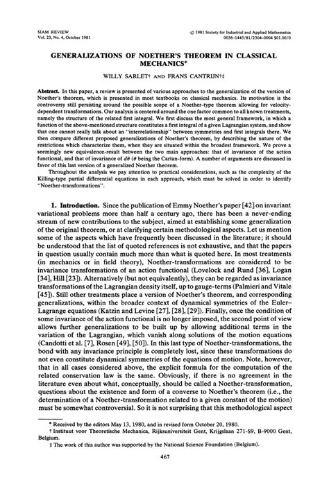 (PDF) Generalizations of Noether’s Theorem in Classical Mechanics