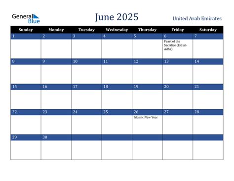 United Arab Emirates June 2025 Calendar With Holidays