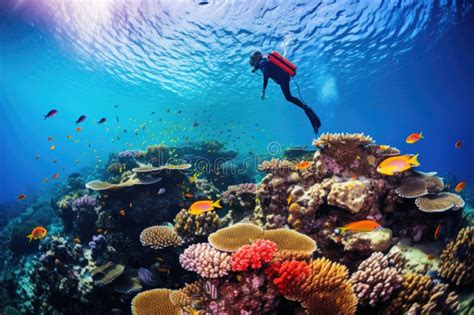 Diver Exploring A Vibrant Coral Reef With School Of Colorful Fish Stock