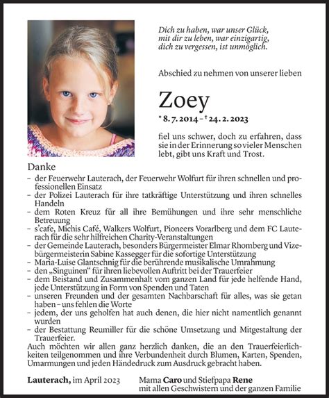 Todesanzeigen Von Zoey Rummer Todesanzeigen Vorarlberger Nachrichten