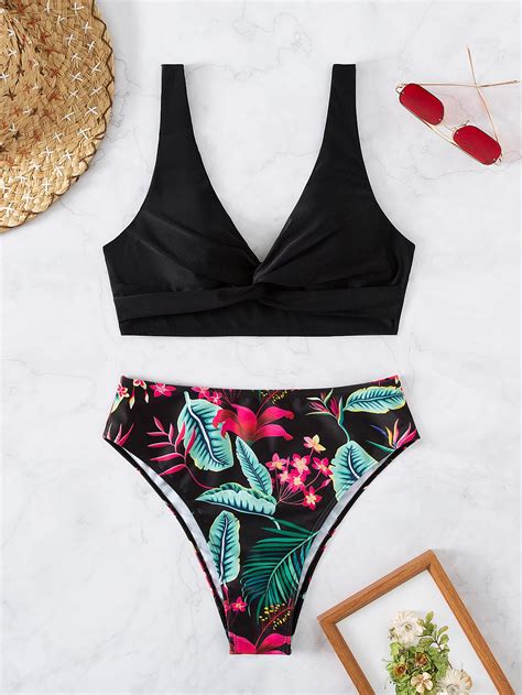 Shein Swim Vcay Random Tropical Print Twist Front High Waist Bikini