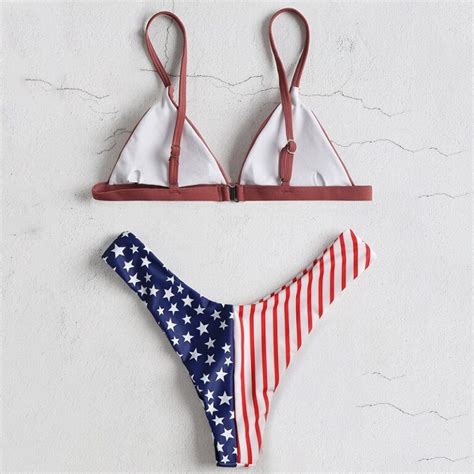 High Cut Spaghetti Straps American Flag Printed Bikini Set TD Mercado