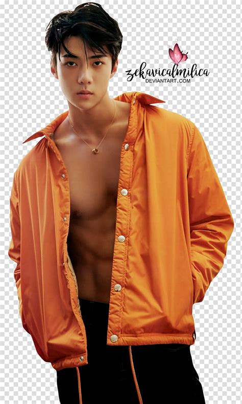 Exo Sehun Leon Man In Orange Button Up Jacket With Text Overlay