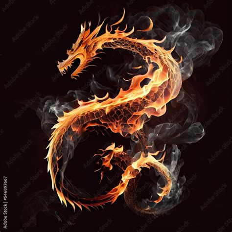 Fire dragon on black background. Isolated dragon silhouette made of ...