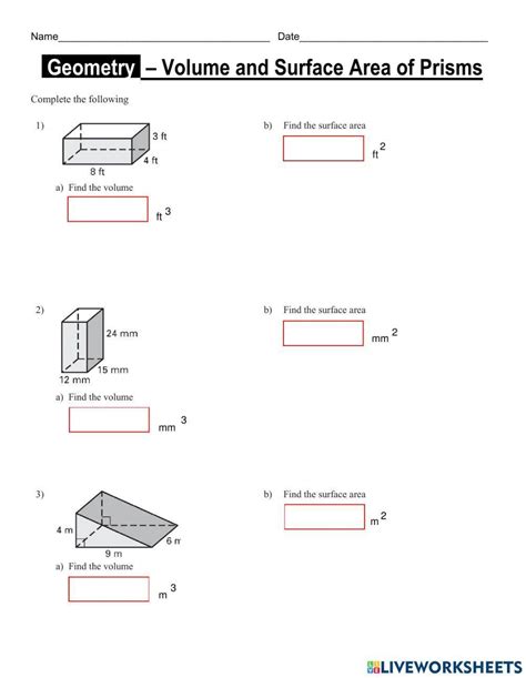 Math Geometry Surface Area And Volume Workbook Volume And Surface Area