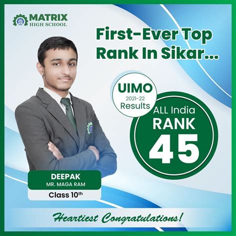 First-ever top rank in Sikar in UIMO 2021-22 exam from MATRIX High ...