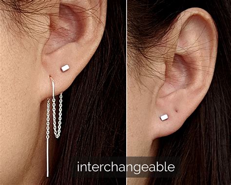 2 In 1 Double Piercing Earrings Sterling Silver Threader Etsy