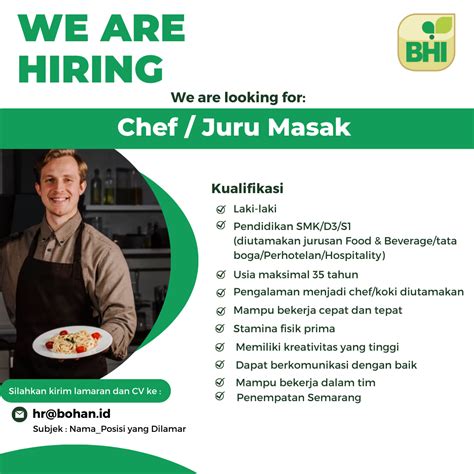 Lowongan Kerja Agustus Pt Boga Handal Indonesia Chef Juru