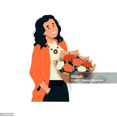 Happy Beautiful Girl Holding Flowers T Bouquet Stock Illustration