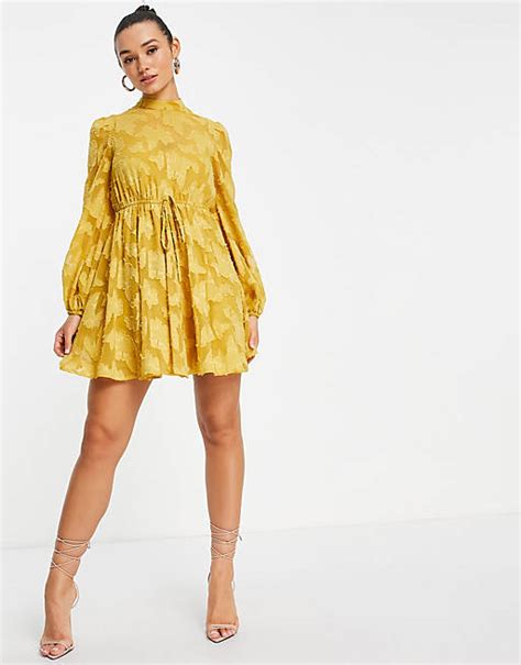 Asos Design High Neck Mini Dress In Burnout In Mustard Asos