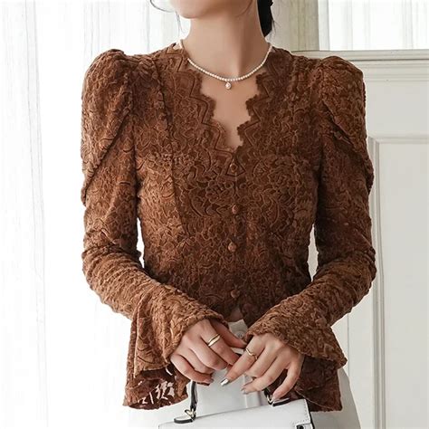 Vintage Flare Sleeve V Neck Lace Shirts Women Elegant Crochet White