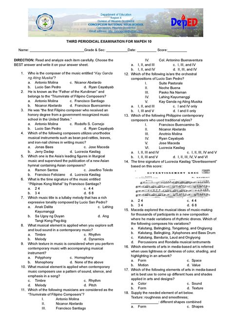 Rd Periodical Test Mapeh Test Questionnaire Direction Read And