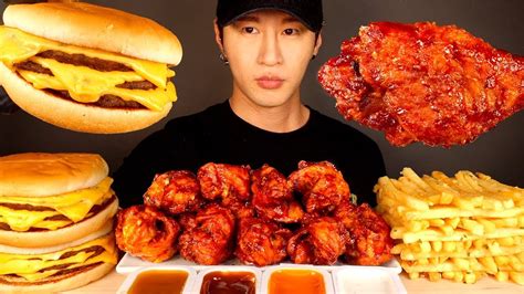 Asmr Mukbang Bbq Chicken And Triple Cheeseburers And Garlic Fries No Talking Eating Sounds Zach Choi