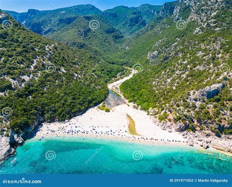 Aerial Drone View Of Cala Sisine Beach In The Golf Of Orosei Sardinia