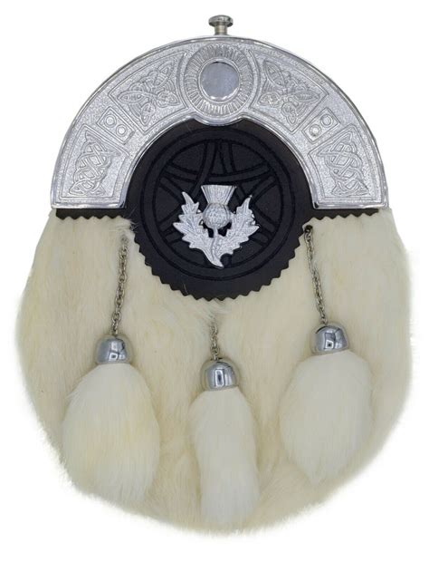 Scottish Full Dress White Rabbit Fur Celtic Cantle Thistle Badge Kilt