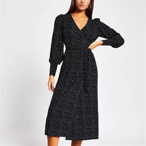 Black Polka Dot Wrap Tie Midi Dress Midi Dress Black Midi Dress Dresses