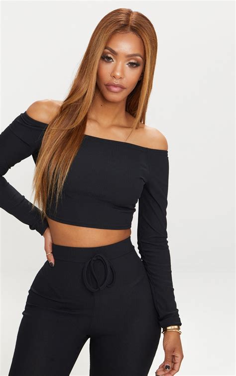 Shape Black Ribbed Bardot Long Sleeve Crop Top Prettylittlething