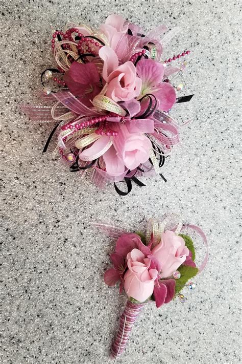 Silk Wrist Corsage And Boutonniere Set Mauve Pink Black Etsy