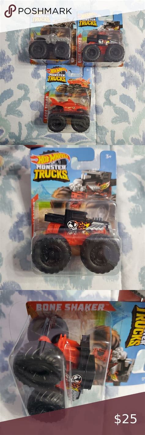 Hot Wheels Monster Trucks Lava Shark Mega Wrex Bone Shaker 3 Pc In 2022 Monster Trucks Hot