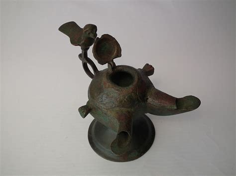 Antique Medieval Islamic Double Wicked Bronze Oil Lamp Khorasan Seljuk