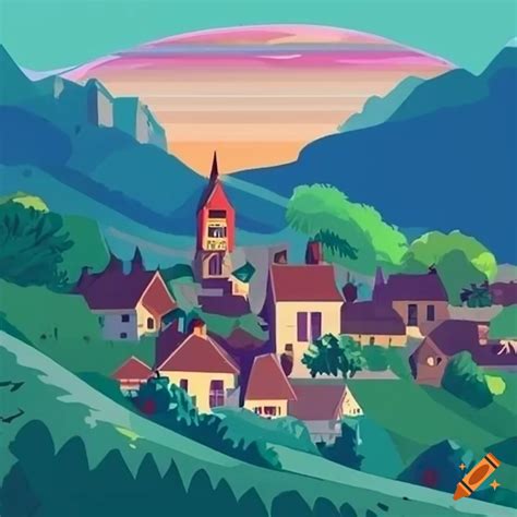 Un Dessin D Une Vue De Loin D Un Paysage Comprenant Un Village