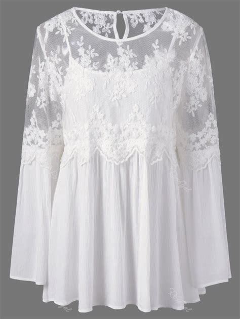 White Plus Size Lace Panel Semi Sheer Smock Blouse