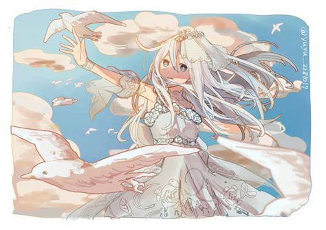 Safebooru 1girl Bird Blue Eyes Clouds Commentary Day Detached Sleeves