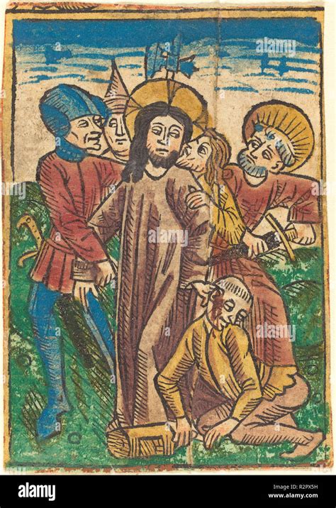 Betrayal Dated C 1490 Medium Hand Colored Woodcut Museum