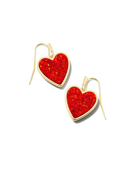 Heart Gold Drop Earrings In Red Kyocera Opal Kendra Scott