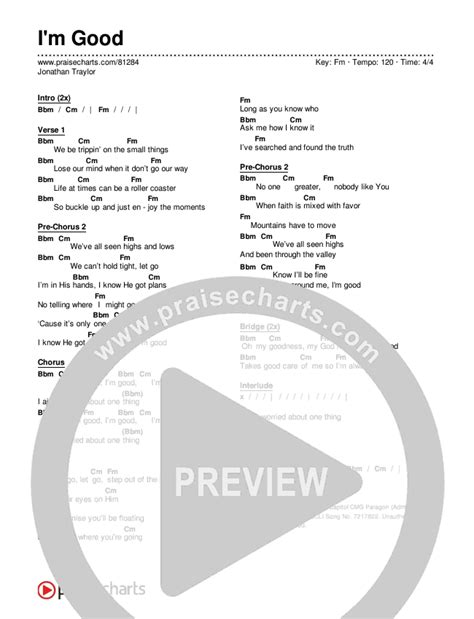 I'm Good Chords PDF (Jonathan Traylor) - PraiseCharts