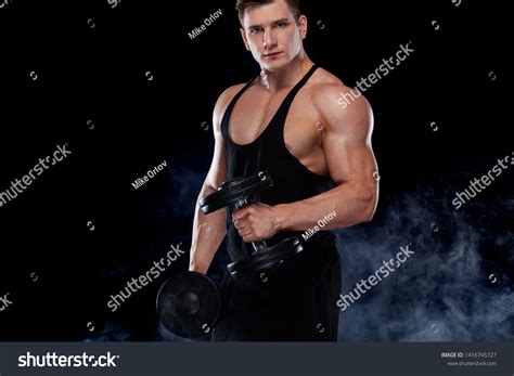 Muscular Fitness Sports Man Atlete Dumbbell Stock Photo